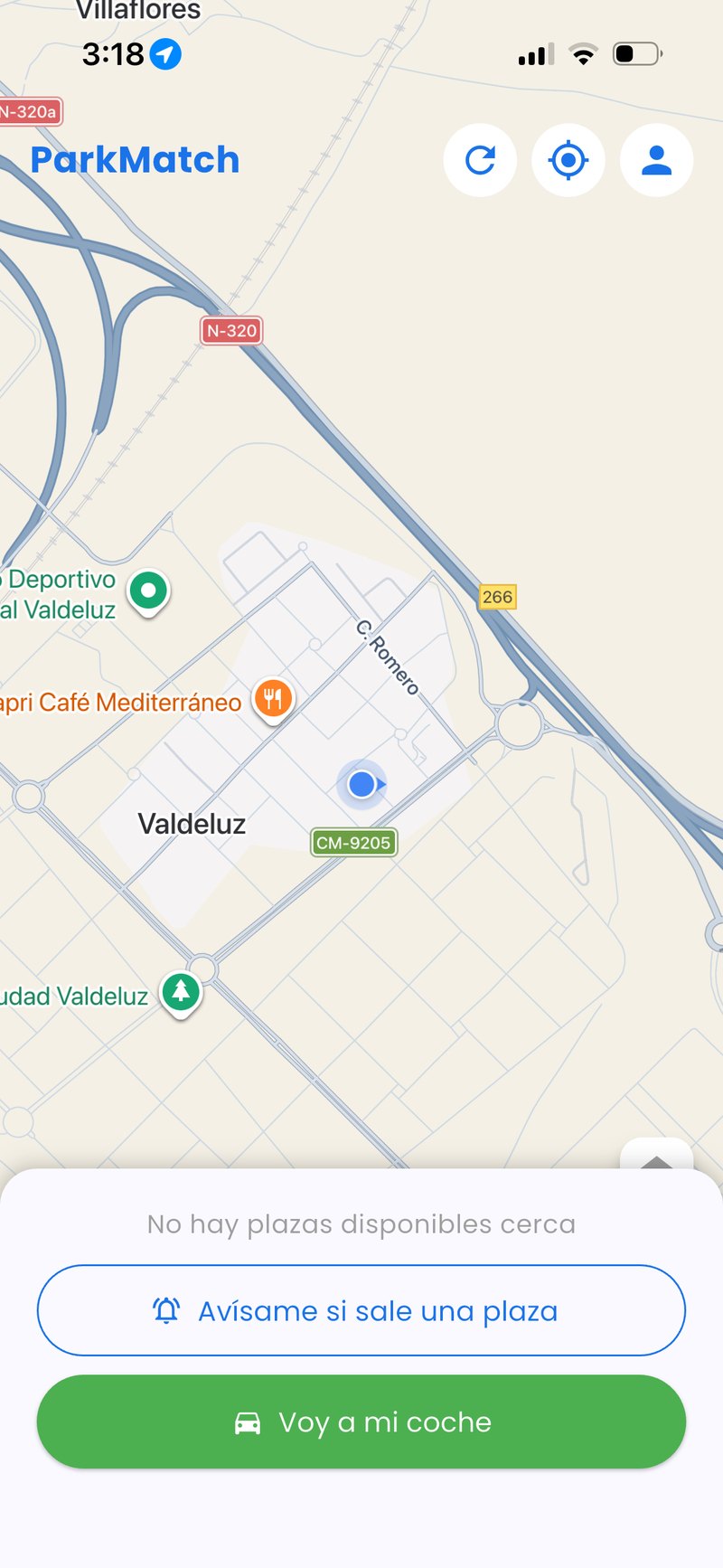 Mapa con plazas cerca y aviso de plaza libre