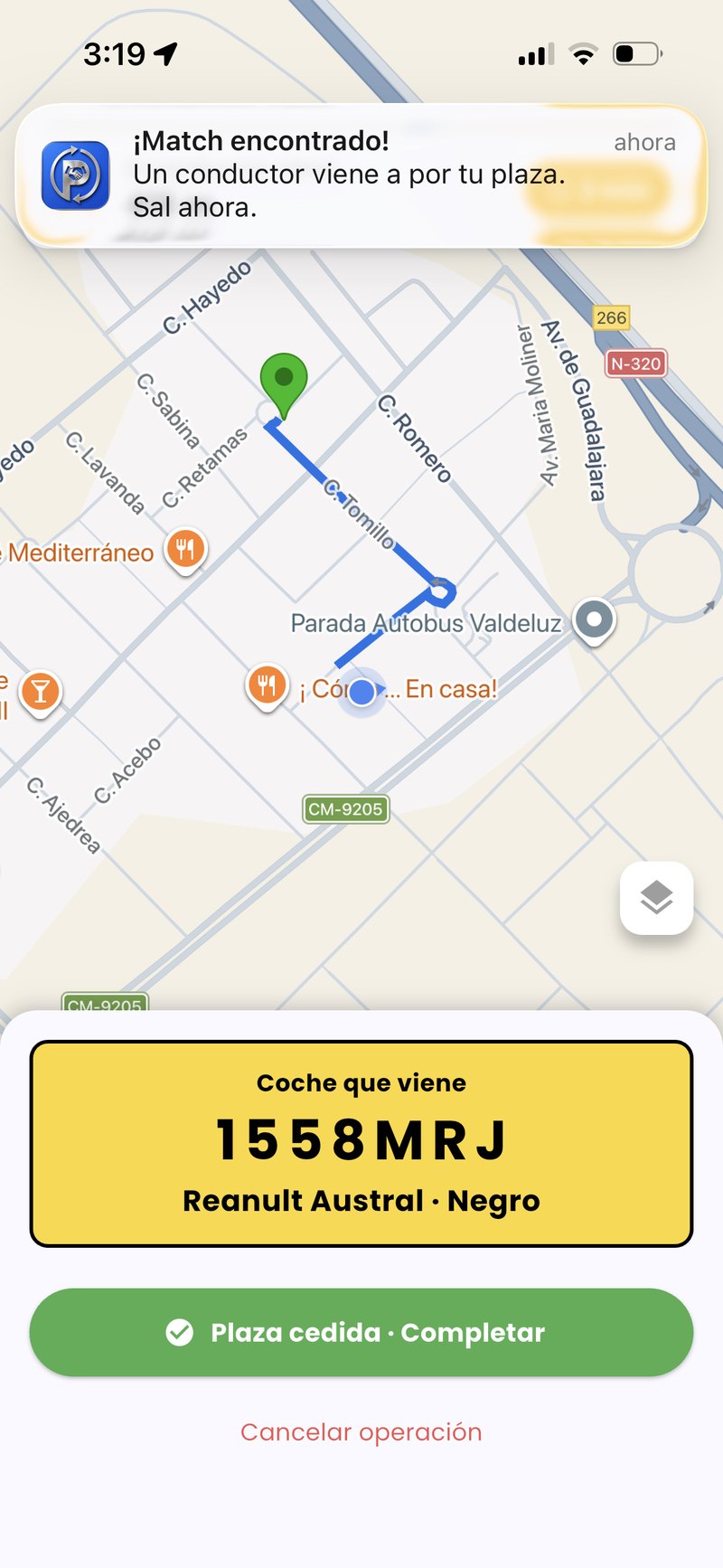 ParkMatch — Match encontrado, conductor en camino